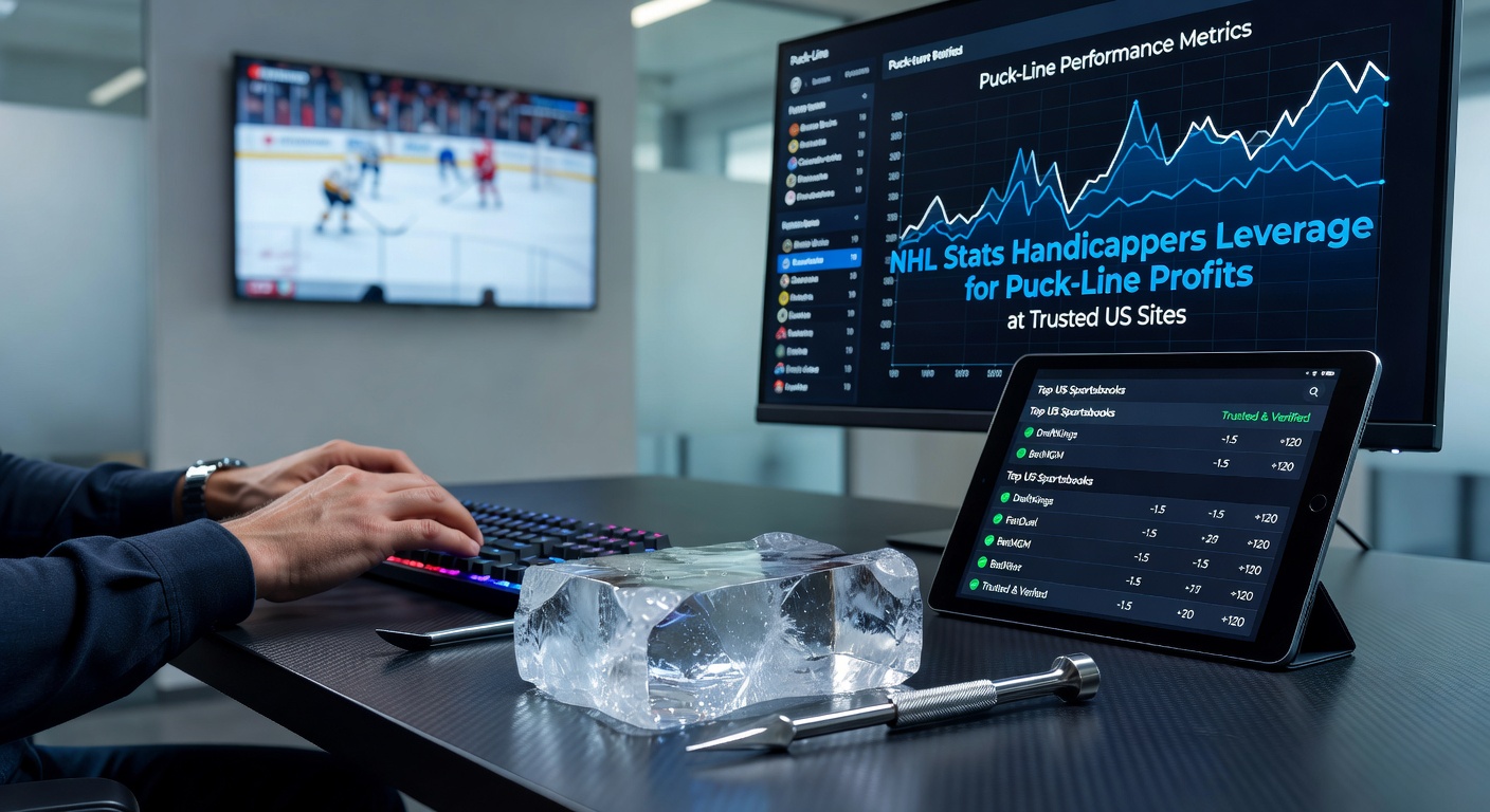 Dynamic NHL rink action with puck flying toward net, overlaid with stats charts highlighting puck-line edges