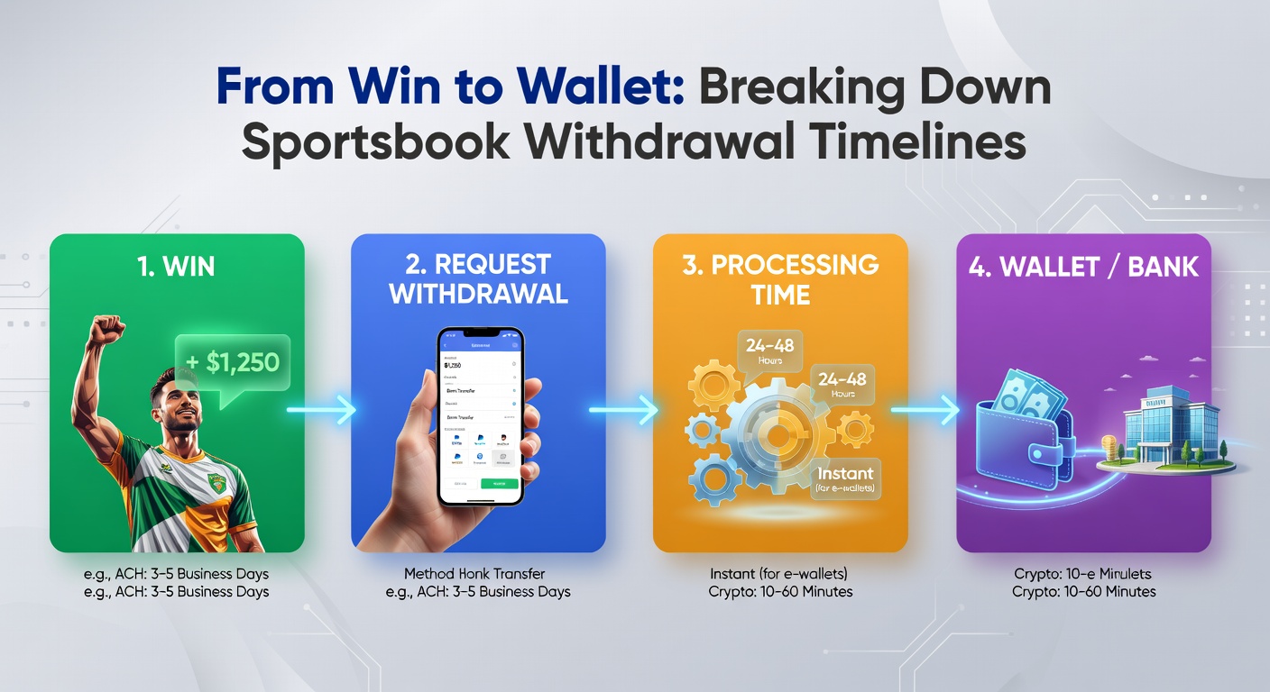 Infographic timeline comparing withdrawal speeds across methods like crypto, e-wallets, ACH, and checks, with bars showing average days from request to receipt