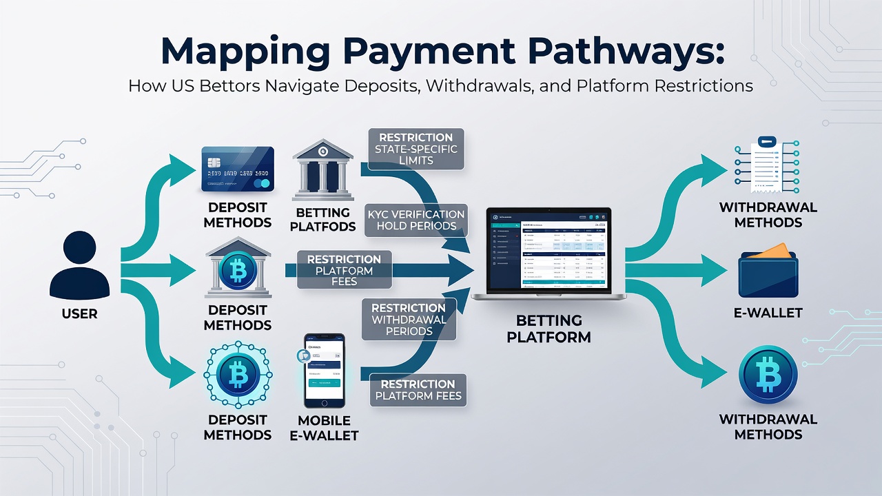 Flowchart showing deposit and withdrawal pathways across US state lines with icons for cards, ACH, and crypto
