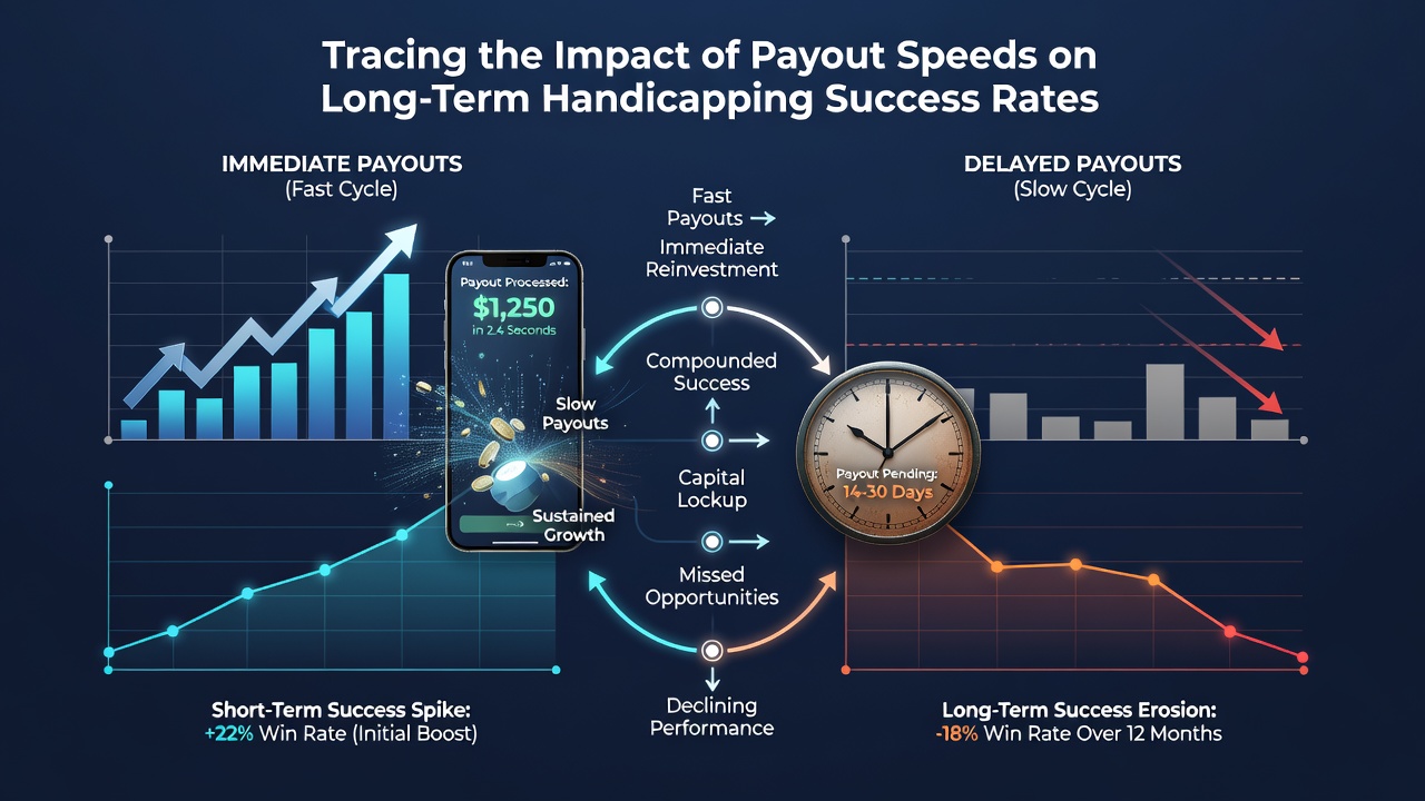 Chart displaying average payout times across sportsbooks alongside handicapper performance metrics over multiple seasons